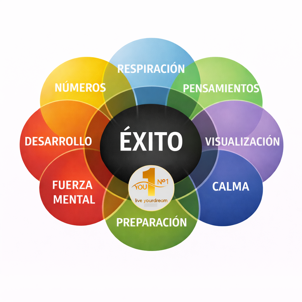 Gráfica del sistema F&Conocimiento: ÉXITO surge de la intersección de números, respiración, pensamientos, visualización, calma, preparación, fortaleza mental y desarrollo.